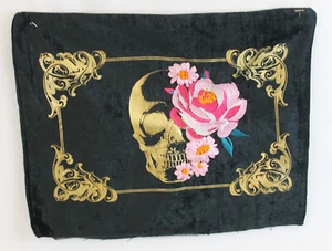 Pillow Cover Black Velvet Day of the Dead Skull Embroidered Flowers 18"x14" READ - Picture 1 of 4