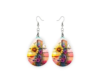 Earrings, Floral Fencepost Wood Dangle Teardrop Print Earrings Jewelry - Image 1 of 4