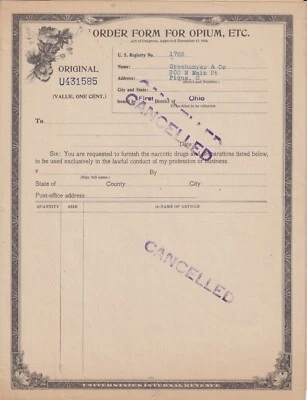 OPIUM Order Form 1914, Original + Duplicate, USIR, Unused, Part Filled In, Ohio - Image 1 of 2