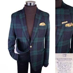 Scotch & Soda Flannel Blazer Jacket Sport Coat Navy Gold Button Check Plaid M/38 - Picture 1 of 15