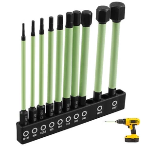 1/4" Hex Allen Wrench Drill Bit Set S2 Steel 10Pcs 1.5-12mm Magnetic Long 100mm - Picture 1 of 15