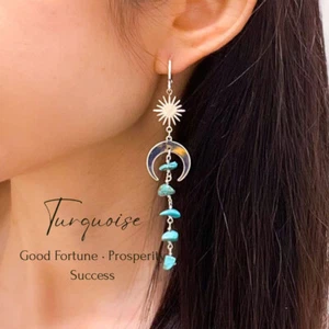 Moon and Star Blue Turquoise Gemstone Long Drop Earring, Good Fortune,Prosperity - Picture 1 of 9