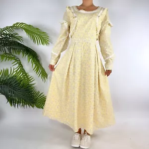 Vintage Style Yellow Floral Cottagecore Prairie Long Sleeve Ruffle Dress / Large - Picture 1 of 8