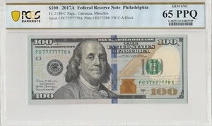 2013 $100 Federal Reserve Note 65 PPQ FANCY SERIAL NUMBER NOTE 77777778 LUCKY 7 - Picture 1 of 2