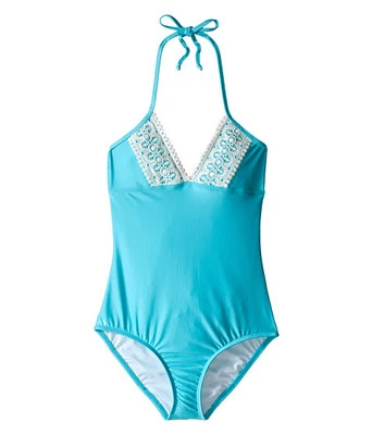 ELLA MOSS NIÑA STELLA HALTER CORBATA UNA PIEZA TRAJE DE BAÑO CROCHET AZUL 14 ¡NUEVO! $68 Foto 1 de 2