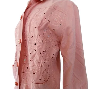 Silk Shirt Jacket Woman's Sz Small Coral Peach Cut Out Top Embroidered Shell - Picture 1 of 14