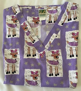 UA Scrub Top L LARGE Purple Lavendar with Christmas REINDEER Cross Over V Neck - Picture 1 of 4