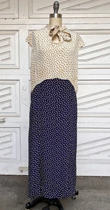 Vintage 1930s White & Navy Blue Polka Dot Crepe Silk Shift Dress Pussy Bow Tie - Picture 1 of 15