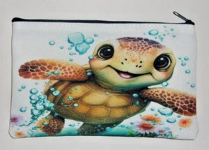 Canvas Turtle Print Cosmetic Small Bag With Zipper - Picture 1 of 2