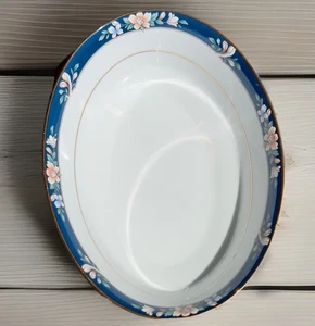 2 Noritake Legendary Prescott 9” Oval Vegetable Bowls 3880 Flowers Blue Gold Rim - Picture 1 of 7
