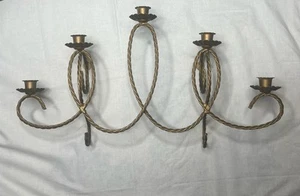 Vintage Homco Home Interiors Gold Black Rope 5 Taper Candle Wall Sconce MCM BOHO - Picture 1 of 3