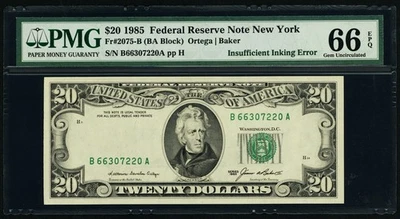 $20 1985 FRN Insufficient Inking PMG 66 GEM Unc EPQ* Stuart Katz - Image 1 of 2