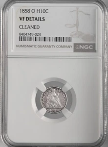 Media moneda de diez centavos 1858-O H10C Liberty sentada NGC VF DETALLES "LIMPIADO" #8404749-024 - Imagen 1 de 4