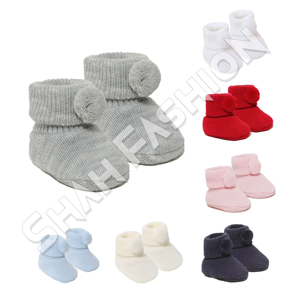 Newborn Baby Boys Girls Pom Pom Booties Baby Soft Knitted Bootees NB-3 Months