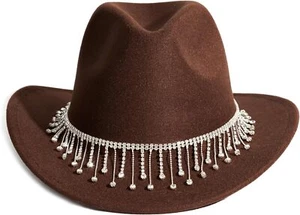 HUDANHUWEI Shiny Rhinestone Cowgirl Hat Bling Wide Brim Cowboy Coffee - Picture 1 of 6