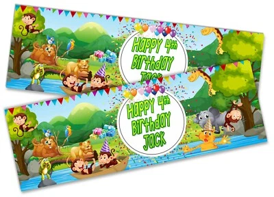 x2 Banner de cumpleaños personalizado Jungle Animals Children Kids Party Decoration 2 Foto 1 de 4