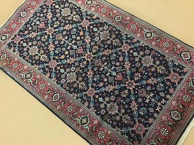 3'.0" X 5'.1" Navy Blue Rose Fine Geometric Oriental Area Rug Hand Knotted Wool - Image 1 of 4