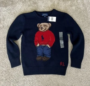 NWT Ralph Lauren Polo Teddy Bear Cotton Navy Blue Sweater Size 7 Kids New - Picture 1 of 6