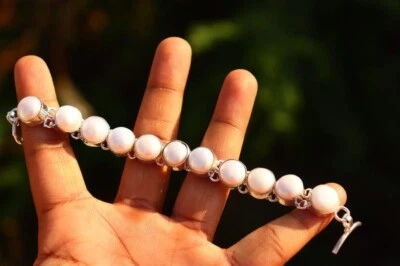 925 Sterling Silver Mother Of Pearl Gemstone Handmade Jewelry  Bracelet-8" - Image 1 of 3