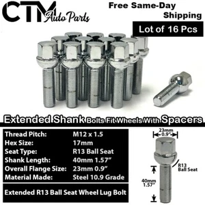 16x Chrome 12x1.5 Ball Seat Lug Bolts 40mm Shank Audi VW Smart w/ 10-15mm Spacer - Picture 1 of 5