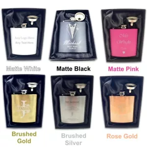 6oz Engraved Hip flask Personalised Any Logo Any Text Metal Hipflask Gift Set - Foto 1 di 12