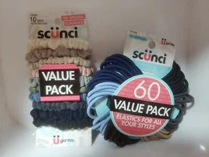 NEW Lot 2 -Scunci Hair Scrunchies 10 pk & 60 Value Pack Elastics Basic Colors - Picture 1 of 3