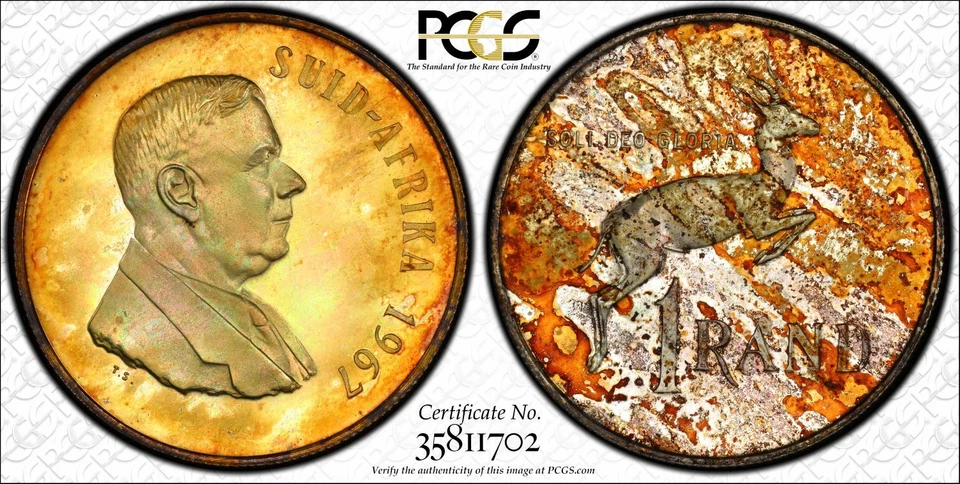 1967 South Africa 1 Rand Afrikaans Silver PCGS PR64 Toned Gold Shield - Image 1 of 1