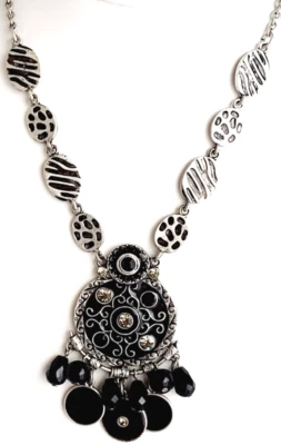 Chicos Black & Silver Tone Rhinestone Necklace Enamel Engraved Animal Print - Image 1 of 4