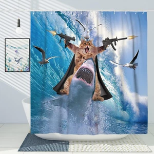 Funny Cat Shower Curtain Set Riding Shark Theme Ocean Curtains for Bathroom Fun - Picture 1 of 12