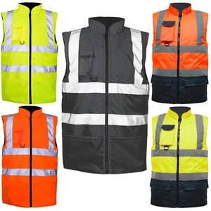 HI VIZ VIS VISIBILITY FLEECE REVERSIBLE WATERPROOF BODY WARMER GILET WAISTCOAT - Picture 1 of 12