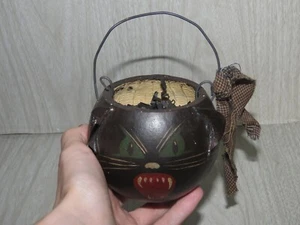 VTG 90s Halloween Gourd? Black Scaredy Cat Mini Pail Painted Retro Folk 5" READ - Picture 1 of 24