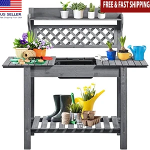 Garden Potting Bench Wooden Workstation W/ Sliding Top & Removable Sink Outdoor - Picture 1 of 7