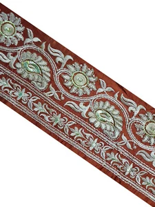 Vintage Saree Border India Decorative Trim Antique Embroidered Ribbon Silk Sari - Picture 1 of 9