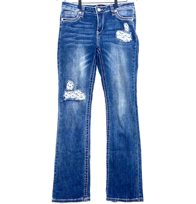 Cabezal de dirección deconstruido Affliction Jade Bootcut Patchwork Demin lavado medio 29W Foto 1 de 4