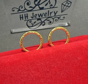 24K Yellow Gold Hoop Diamond Cut Earrings - Picture 1 of 18