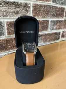 Emporio Armani Watch Classic Rectangular Face Timepiece Mens Brown Leather Strap - Picture 1 of 10