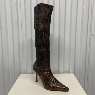 Manolo Blahnik Metallic Bronze Snake Skin Pointed Toe Knee High Boots EU 38/US 8 - Image 1 of 4