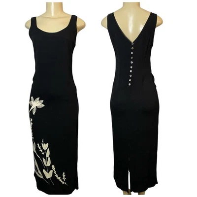 Maxi Vestido Laura Ashley Vintage Negro Marfil Estampado Floral Viscosa Cottage Grunge Foto 1 de 4