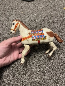 Vintage Haji Mark Litho Wind Jumping White Horse Tin Toy Japan Works - Picture 1 of 12