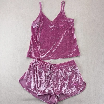 Victoria's Secret Punk Crushed Velvet Pajama Set Med Pink Cami Shorts Lounge - Image 1 of 4