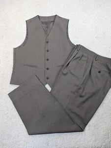 Joseph Feiss Suit Mens 42R 36x30 Tan Wool 2 Piece Vest Pants Pinstripe Pleated - Picture 1 of 15