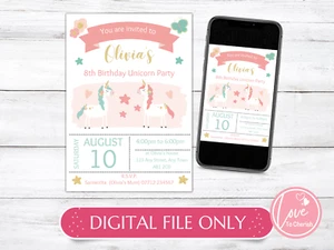 DIGITAL Unicorn Party PERSONALISED Invitations - Girls Magical Birthday Invites - Picture 1 of 5