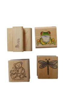 1990s Wood Mounted Rubber Stamps Set 4 Frog Dragonfly Bear Alligator Frog - Picture 1 of 4