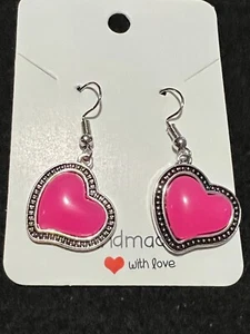 NEW Vivid Pink Heart Silver Plated Hook Earrings 1x.8 * Valentines Day's - Picture 1 of 5