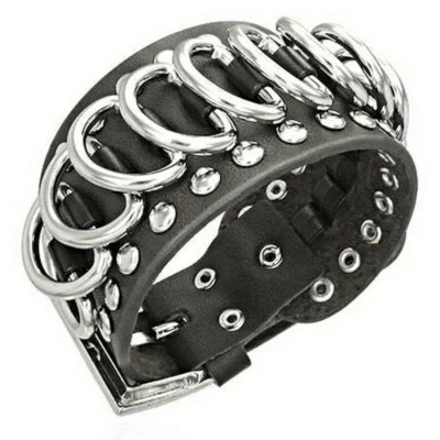 Pulsera ajustable de acero inoxidable de cuero negro con eslabones plateados para hombre Foto 1 de 2