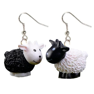 Black White 3D LAMB SHEEP Funky EARRINGS Retro Farm Animal Charm Novelty Jewelry - Image 1 of 2