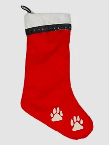 Red Dog Paw Christmas Stocking With Silver Eyelets Trim 18" Long Polyester - Picture 1 of 5