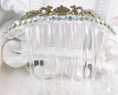 Antiqued Brass Crown Aurora Borealis Austrian Crystals Large hair comb Wedding - Image 1 of 4