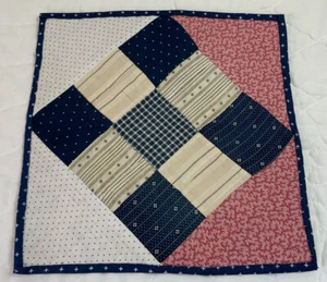 Vintage Patchwork Quilt Table Topper, Early Calico Prints, Nine Patch, Navy - Picture 1 of 11