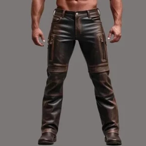 NEW Men's Brown Motorcycle Distressed Biker Leather Racer Pant for men - Picture 1 of 3